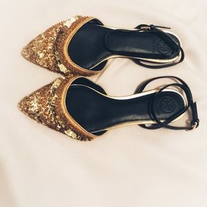 Gold + Black Pointy Strap Sandal